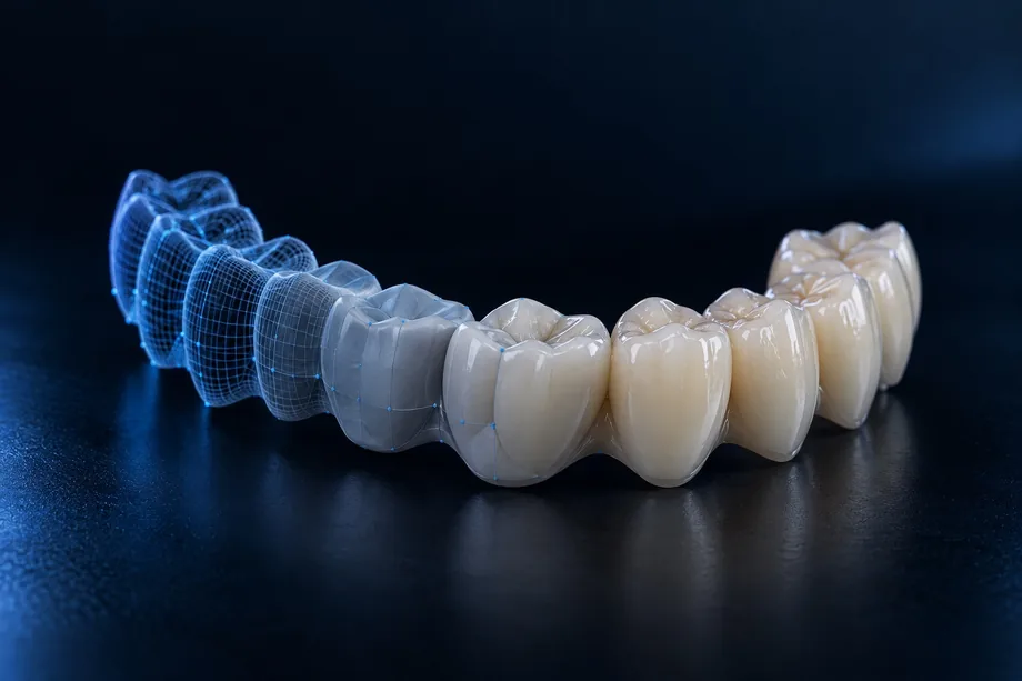 Arcata dentale che passa dal modello digitale al manufatto finito, metafora del sito dello studio dentistico
